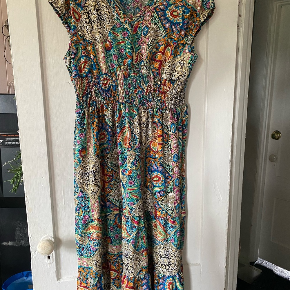Source Unknown Blue and Orange Flutter Sleeve Sundress